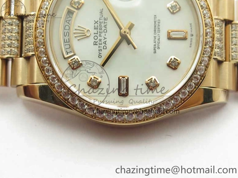 AAA Replica Watches on President A 2689 BP White ComfortFit Crystal Crystal Marker MOP RG Best Edition 128235 Dial Day-Date Bracelet RG 36mm 1218